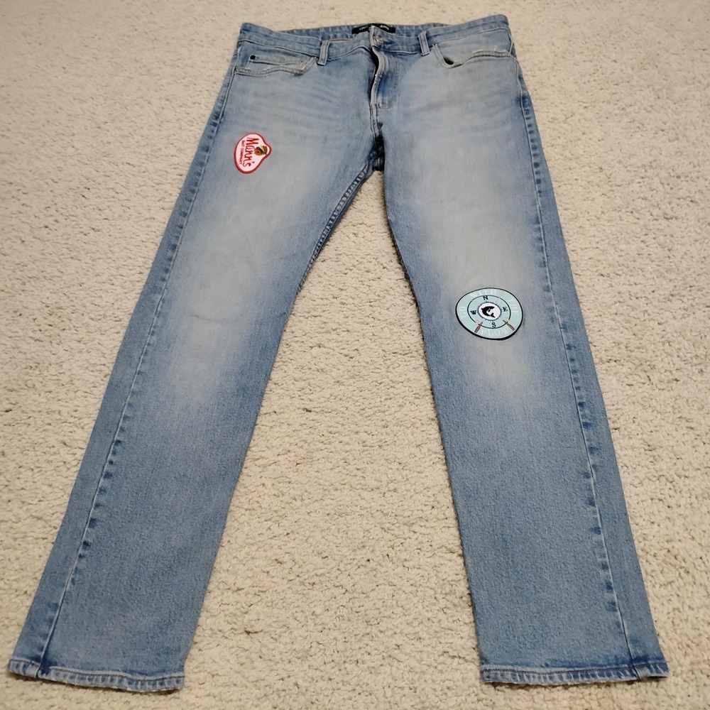 Calvin Klein Jeans Mens 36x32 Patched Light Wash Blue Stretch Slim Fishing Logo